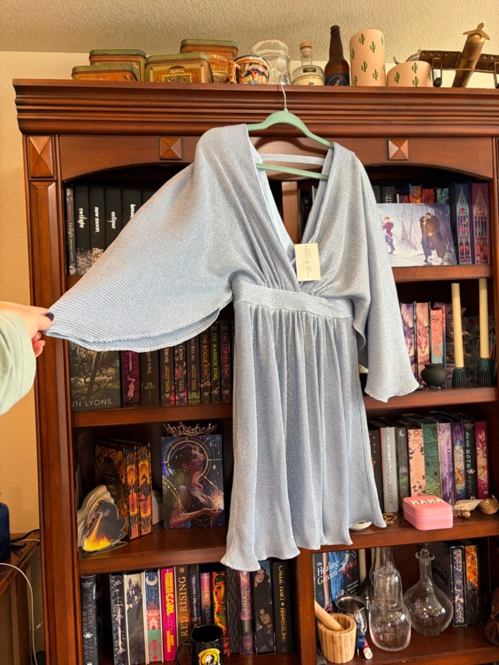 Light Blue V-Neck Flutter Sleeve Mini Dress - Picture 2 of 4